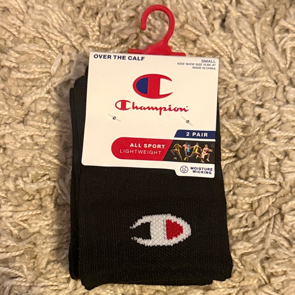 🖤 Champion Kids 2 Pair Over the Calf Lightweight Black Socks NWT